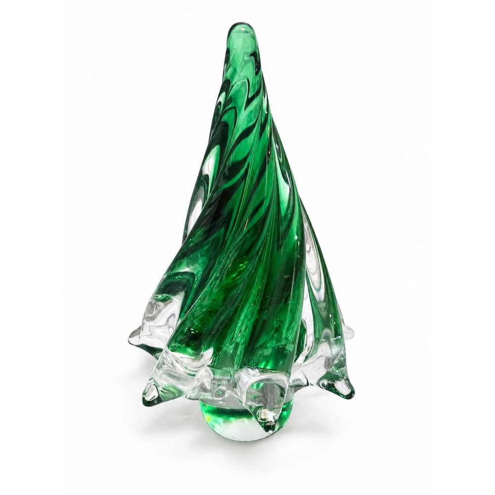 Vintage Murano Style 6" Green Clear Hand-Blown Art Glass Christmas Tree Figurine